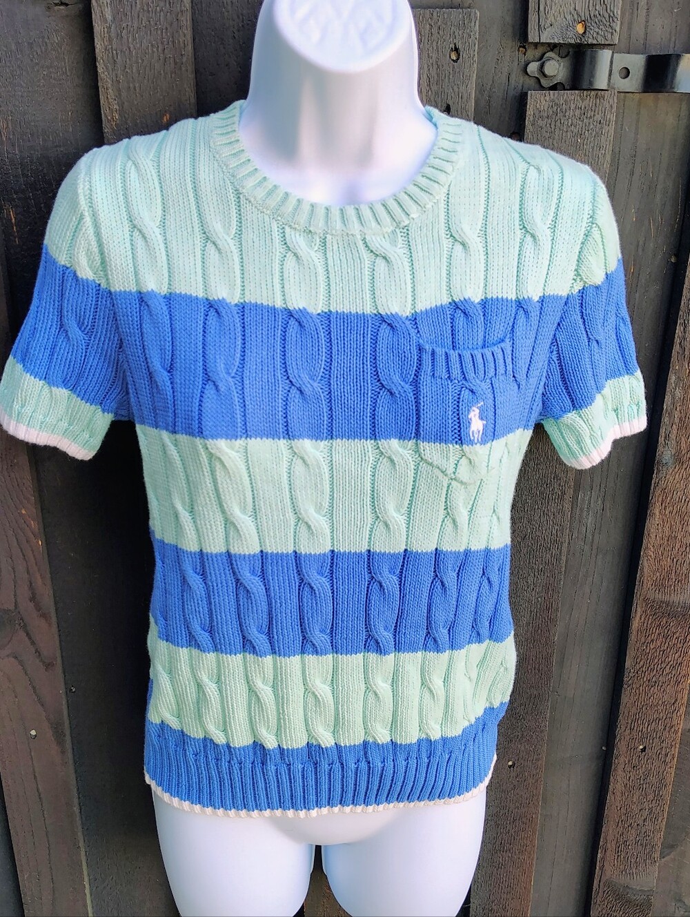 Ralph Lauren Mint Green & Blue Striped Cable-Knit Crewneck Sweater